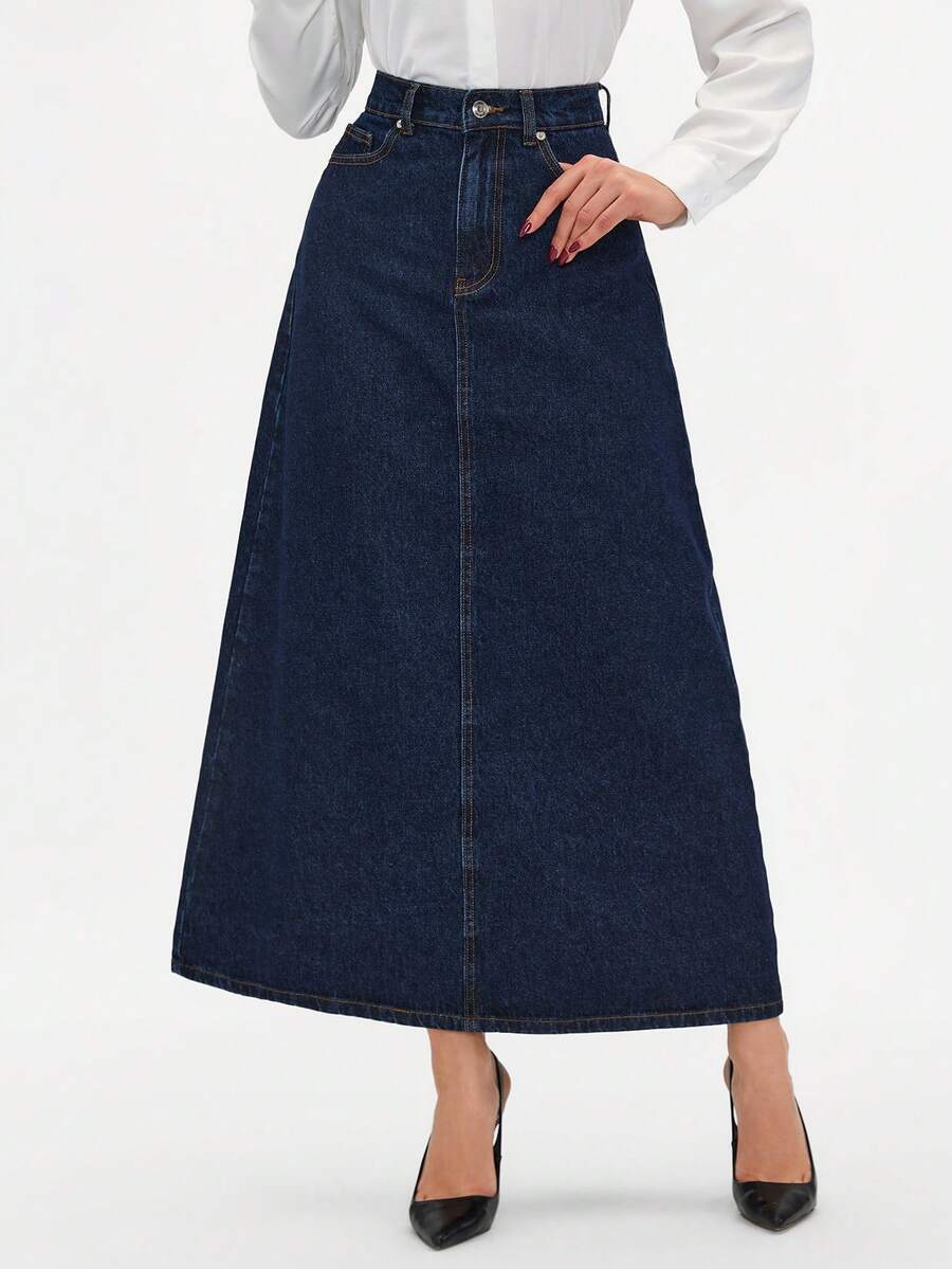 EURMUSE Elegant Academic-Style Vintage Denim Pocket A-Line Maxi Skirt For Women - Dark Wash - View 1