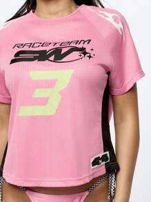 SUMWON WOMEN Racing Team Athletic T-Shirt Top Speed Performance Motorsport Graphic Print Racing Number Sportswear Summer Active Streetwear