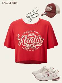 SHEIN Explorewe 1pc Vintage Campus Style Round Neck Short Sleeve T-Shirt For Teen Girl - Red - View 8