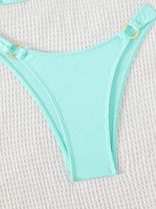SHEIN Swim 夏季海滩女士纯色吊带胸罩和泳裤比基尼套装泳衣棕色比基尼两件套比基尼 - 薄荷藍 - 查看 6