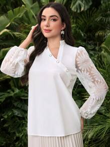 Modelyn Blusa da donna a manica lunga con colletto asimmetrico, in pizzo a motivo di girasole - Bianco - Visualizzare 5