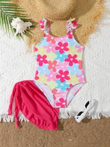 Traje de baño una pieza con falda cubrembreras y volantes con estampado floral para niña, patrón impreso al azar