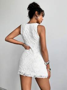 Aloruh Color Block Trim Textured Lace Bow Decor Sleeveless Mini Dress - White - View 3