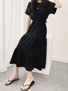 DAZY Solid Drawstring Waist Layered Hem Dress,Ladies Casual Drawstring,Ruffle Hem Short Sleeve Round Neck Regular Fit Long Black Roll Up Sleeve Plain A Line Women Long Dresses,Spring/Summer,Casual Daily Wear Sundress