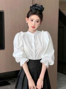 DAZY Women's Stand Collar Shirt With Frill Trim - White - View 2