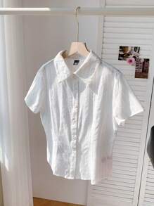 SHEIN EZwear 純色紋理細節短袖修身襯衫,收口腰身設計