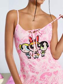 THE POWERPUFF GIRLS X SHEIN Camisón de verano para mujer con estampado de flor, burbujas y botón, de color rosa, informal y lindo