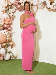 Loomaby Pregnant Women Solid Color 3D Floral Decor One-Shoulder Sleeveless Fitted Elegant Dress,Gender Reveal Dress,Baby Shower Dress - Pink - View 4