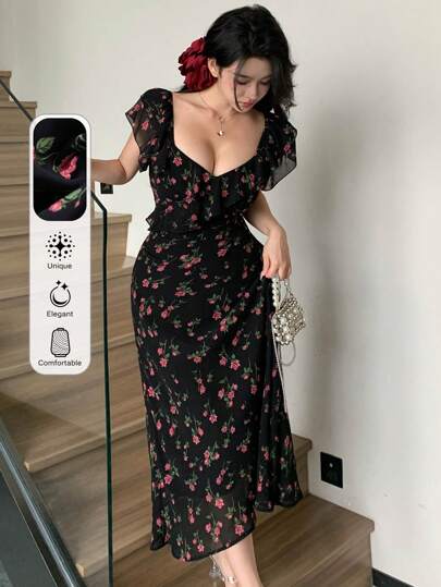 DAZY Women's Sweetheart Neck Floral Printed Dress With Ruffle Hem For Summer,Milkmaid Dress Sundress Vacation Outfits Women