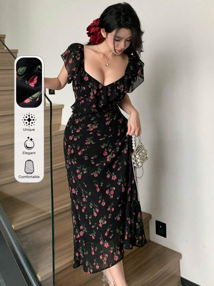 Women's Sweetheart Neck Floral Printed Dress With Ruffle Hem For Summer,Milkmaid Dress Sundress Vacation Outfits Women Easter Boho