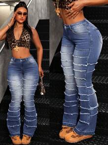 SHEIN ICON 女士休闲牛仔裤，时尚日常穿着 - 中等水洗藍 - 查看 1