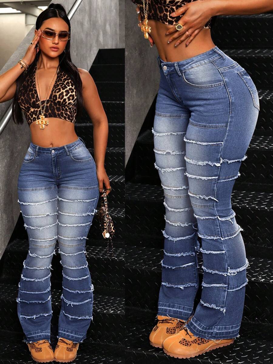 SHEIN ICON 女士休闲牛仔裤，时尚日常穿着 - 中等水洗藍 - 查看 1