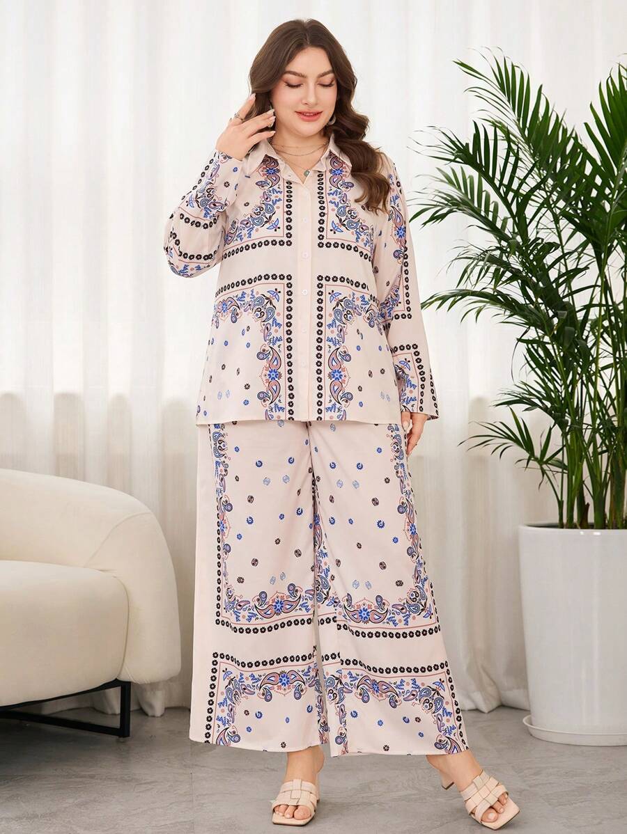 Modelyn 2pcs/Set Plus Size Casual Simple Long Sleeve Shirt And Long Pants Set - Multicolor - View 1