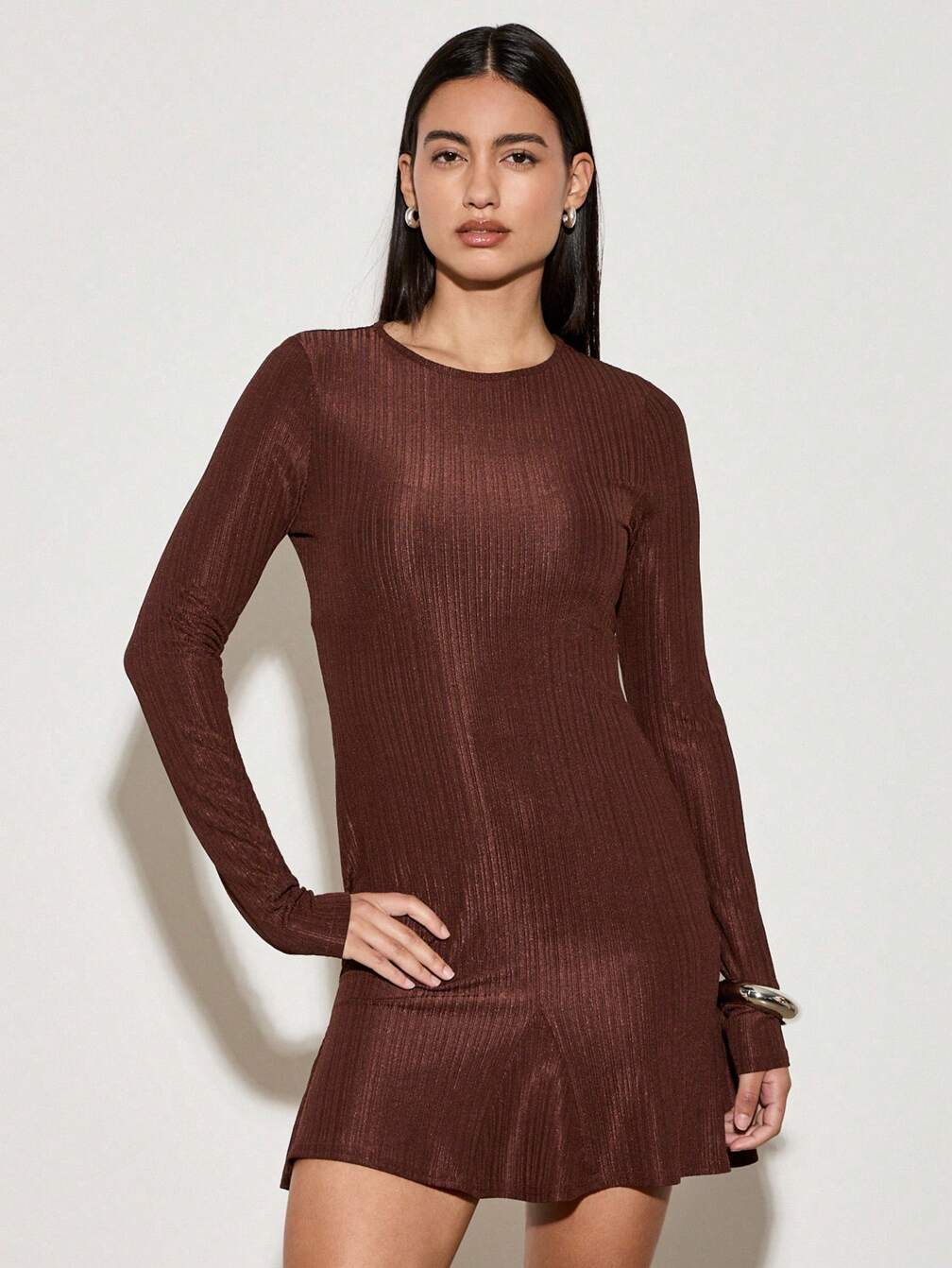 long sleeve godet mini dress ASOS Design supersoft Long Sleeve Godet Mini Dress in taupe-Neutral