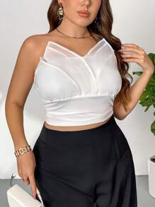 SHEIN Privé Top de entallada de maya con cuello simulado, plisada y con estampado floral, para mujer tallas grandes, elegante y cómoda para uso diario y fiestas. Color blanco, para primavera/verano - Blanco - Ver 4