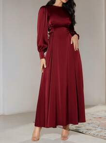 Veilorie Đầm thường ngày dài tay cổ tròn màu trơn cho nữ có dây rút - Màu Đỏ Sâu - Xem 4