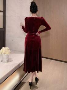 DAZY Vestido elegante de unicolor con cuello de corazón, mangas abullonadas y encaje en contraste, color borgoña, para ocasiones de regreso a la escuela, elegante en otoño e invierno, vestidos rojos de mujer para Navidad - Burdeos - Ver 7