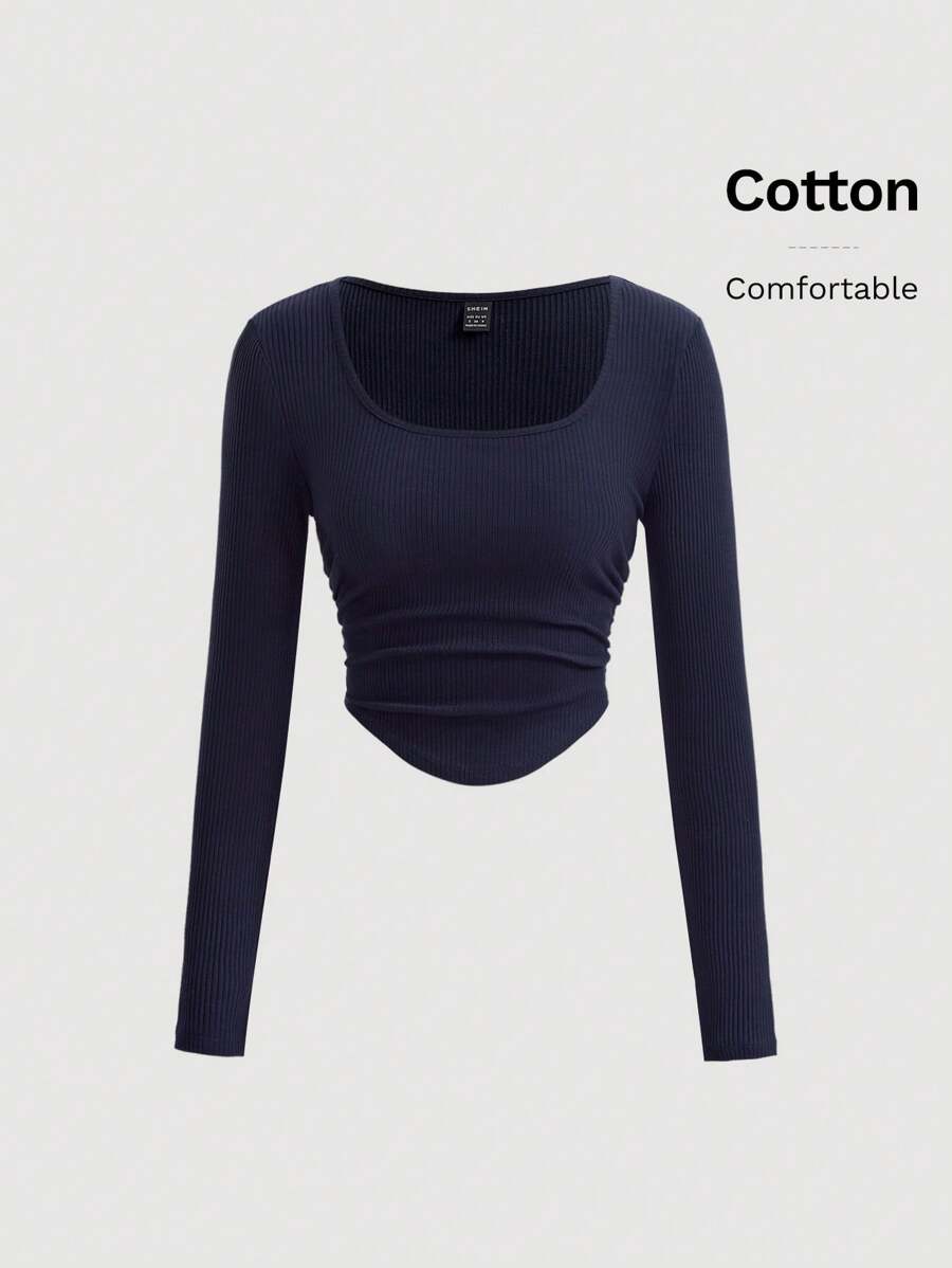 SHEIN MOD Women's Drawstring Side Ruffle Round Neck Long Sleeve Summer T-Shirt - Navy Blue - View 1