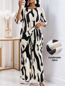 SHEIN Lady Spring Summer Casual Vacation Holiday Everyday Elegant Black And White Pattern Pleated Fabrics Vacation Outfits Woman Women Two-Piece Outfits Women Two Piece Set