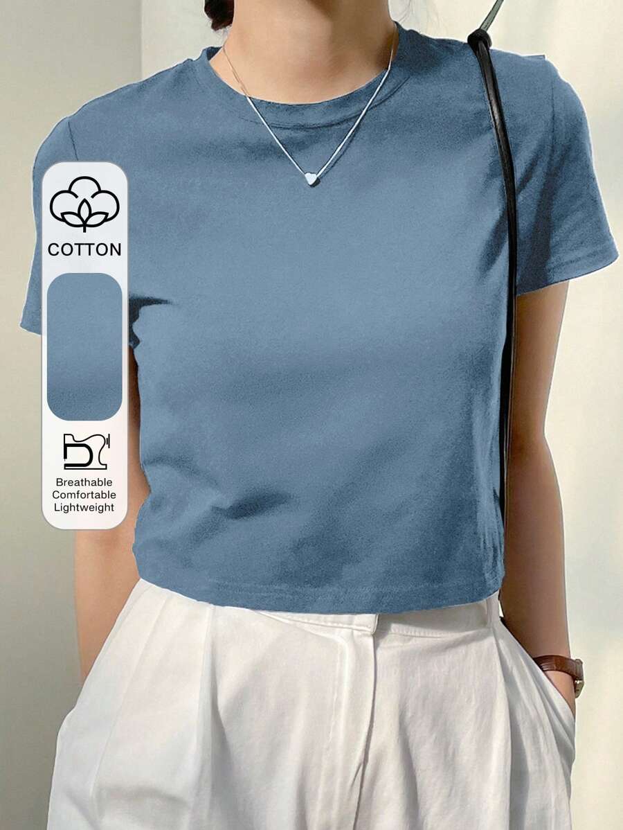 Dazy-Less 纯色圆领短款T恤，复古风夏季商务休闲女士工作服 - 藍色 - 查看 1