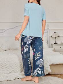 Nursing Design Solid Color Round Neck Short Sleeve Floral Print 3/4 Pants Loungewear Sets For Pregnant Women