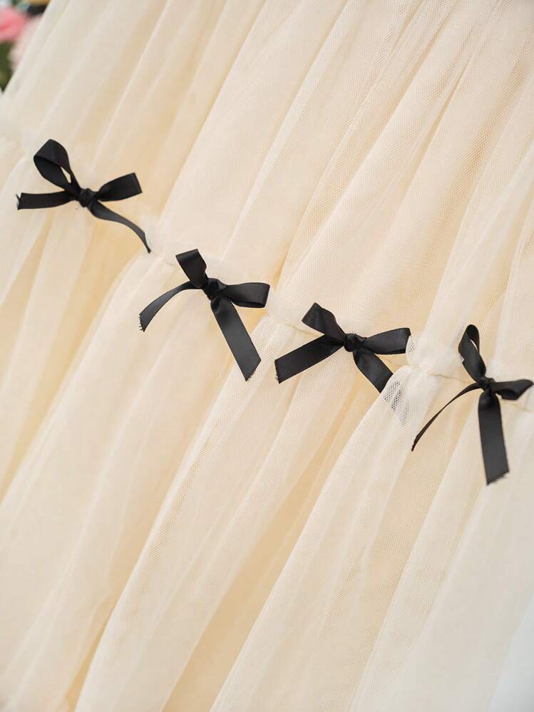 SHEIN Tween Girl Casual Cute Elegant Tulle Bow Puff Ball Skirt, Princess Style Skirt - Apricot - View 3