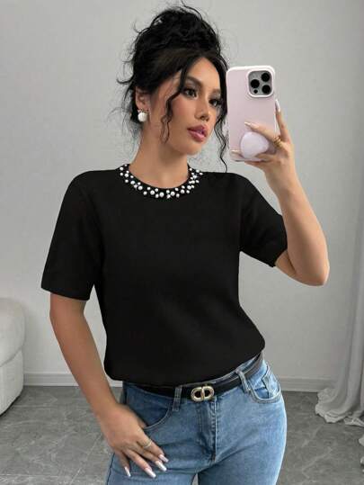 Selianne Camiseta de mujer con cuello redondo y manga corta con parches decorativos con perlas de imitación