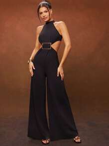 Hauture Women's Solid Color Waist Cutout Wide Leg Halter Jumpsuit
