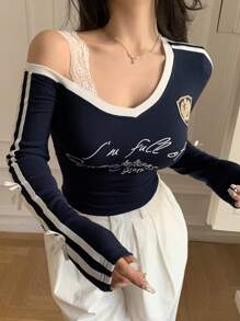 DAZY Gerippter Saum Kontrast Farbblock Schleife Dekor Off-Shoulder Langarm Damen T-Shirt, College Sport Stil, Herbstkleidung