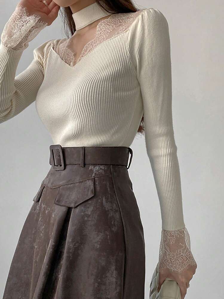 Women Lace Splice Hollow Out Slim Fit Long Sleeve Sweater, White, Spring/Autumn,Fall Women Clothes