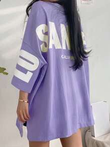DAZY Camiseta de verano casual de ajuste holgado para mujer con cuello redondo, hombros caídos y estampado de letras en talla grande