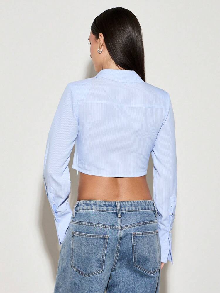 디자이너 크롭 랩 버튼 다운 긴팔 블라우스