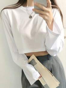 DAZY Solid Drop Shoulder Crop Tee,Fall Clothes Preppy Tops Long Sleeve Women Tops - White - View 4