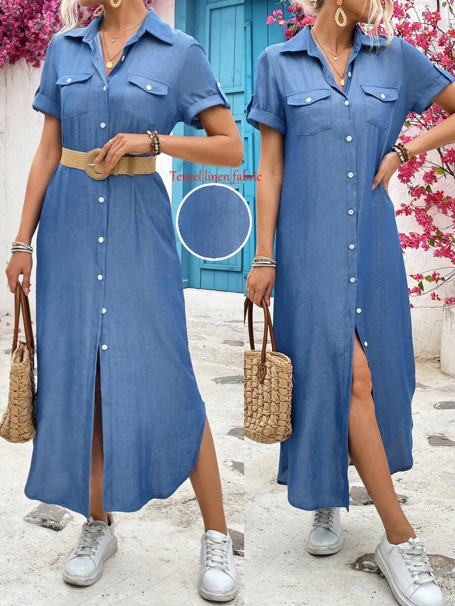 EMERY ROSE Ladies' Summer Denim Effect Fabric Long Shirt Dress Maxi Women Outfit - Baby Blue - View 1