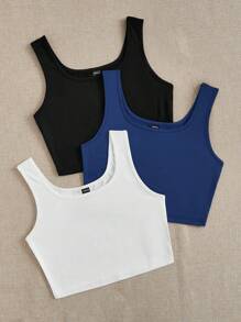 SHEIN EZwear 3件套黑色、藏青色、白色、灰色圆领露脐休闲修身背心，女士款，适合夏季穿着 - 彩色 - 查看 4