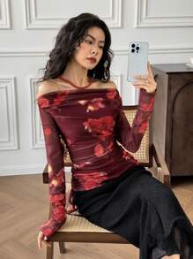 EastFlair Blusa de manga larga con volantes y estampado floral con hombros descubiertos, de moda para vacaciones