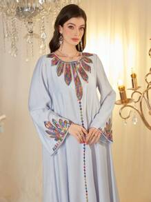 Al Najma Arabic Style Dress With Round Neck, Sequins Decor, Floral Pattern, Bell Sleeve And Flared Hem, Arabian Dresses,Modest - Blue - View 4