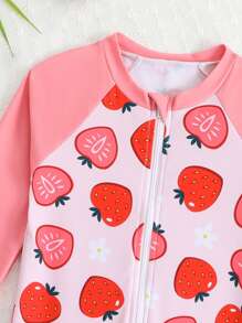 SHEIN 1 pieza Traje de baño de una sola pieza con estampado de tiburón lindo para niña, de manga larga, para el verano - Rosado Sandía - Ver 4