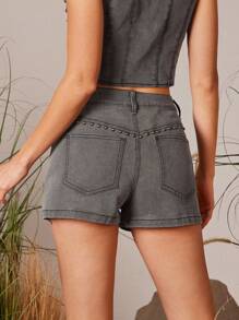 WESTFADE High Rise Fitted Cowgirl Western Studded Denim Shorts - Dark Grey - View 3