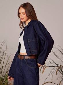 WESTFADE Collared Button Front Patch Pockets Cropped Long Sleeve Denim Jacket