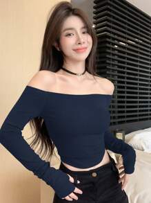 DAZY 女士圆领修身T恤，纯藏蓝色，春夏秋季长袖露肩上衣