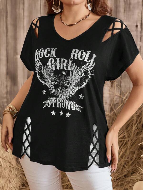 SHEIN LUNE Plus Size Casual Vacation Letter Print Hollow Out T-Shirt Plus Size Western T Shirt Graphic Tops Punk Music Festival T-Shirt Rock Roll Graphic Tee Women Casual Tee Boho Women Tops Western T Shirt For Women Grassland Music Festival Tee Strawberry Music Festival Tee Punk T-Shirt Concert Outfit Women Rave Outfits Festival Rave T Shirt Summer Outfits For Women Vacation Outfits Woman Summer Tops Graphic Tees Women Summer New Design Summer New Design