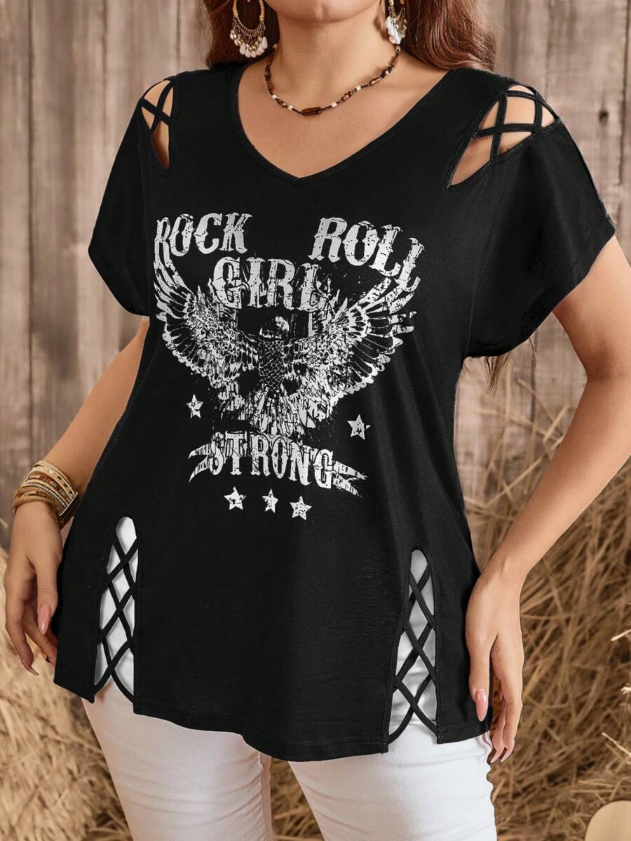 SHEIN LUNE 大码休闲度假字母印花镂空T恤 大码西部风T恤图案上衣 朋克音乐节T恤 摇滚图案T恤 女式休闲T恤 波西米亚风女式上衣 女式西部风T恤 草原音乐节T恤 草莓音乐节T恤 朋克T恤 音乐会女式 狂欢节狂欢T恤 女式夏季度假 夏季上衣 女式图案T恤 夏季新款 夏季新款 - 黑色 - 查看 1