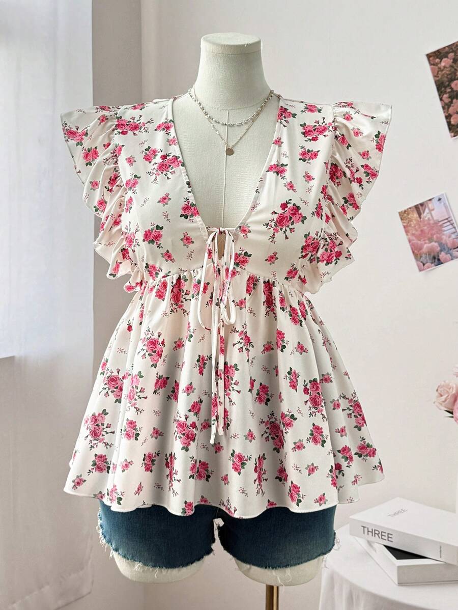 Flirla Fashionable Floral Print V-Neck Ruffle Trim Blouse With Cap Sleeves - Multicolor - View 1