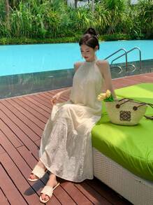 DAZY Women Fashionable Lace Sleeveless Halterneck Dress Summer Sundress,Casual Women Dresses