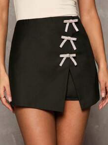 Glamine Women's Black Rhinestone Bow Skorts: Elegant Split Skirt Shorts For Stylish Look