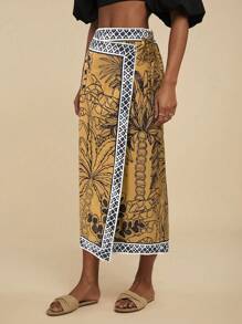 Travachic Palm Tree Print Wrap Around Tie Front Skirt, Vacation Style - Khaki - View 3
