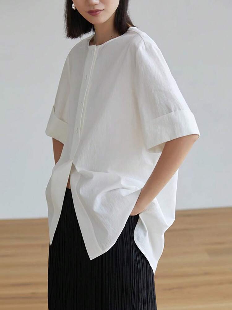 Loose Solid Color Minimalist Short Sleeve Women Shirt Preppy Tops Business Casual Woman Work Clothes