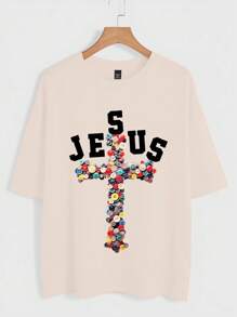 Manfinity VCAY Plus Size Men's Loose Knit Half Sleeve Round Neck Faux Button Printed T-Shirt - Multicolor - View 2