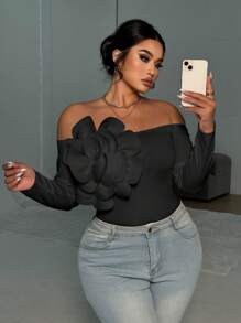 Elenzga Plus Size Off Shoulder Floral Decor Tight Fit T-Shirt - Black - View 3